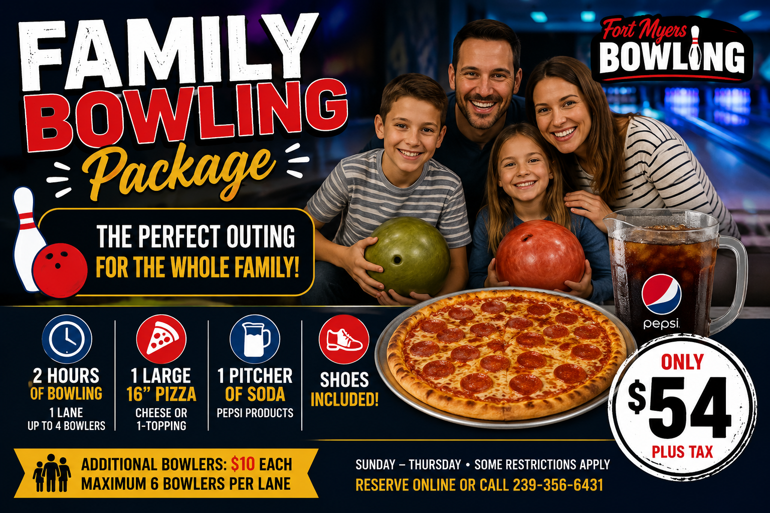Fort Myers Bowling Family Bowling Package — 2 hours of bowling, 16-inch pizza, pitcher of soda and shoes included for $54 plus tax